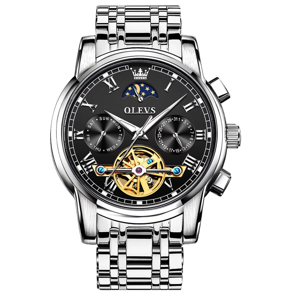 Automatic Watches for Mens Skeleton Mechanical Self Winding Luxury Dress Mens Stainless Steel Watches Moon Phase Waterproof Luminous Reloj Para Hombre, Gifts for Men, Male 6617D