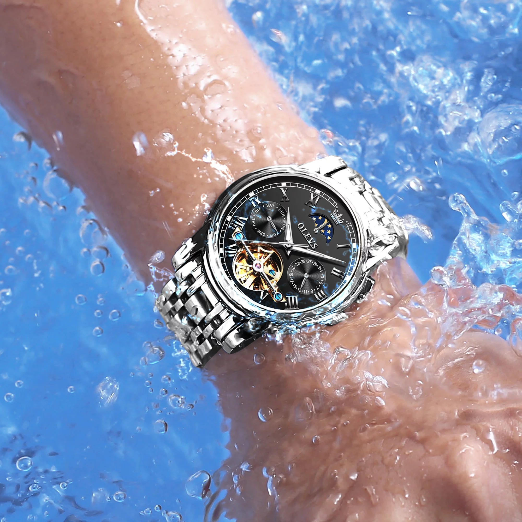 Automatic Watches for Mens Skeleton Mechanical Self Winding Luxury Dress Mens Stainless Steel Watches Moon Phase Waterproof Luminous Reloj Para Hombre, Gifts for Men, Male 6617D