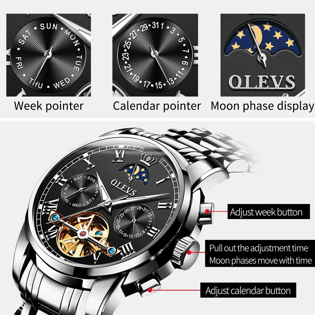 Automatic Watches for Mens Skeleton Mechanical Self Winding Luxury Dress Mens Stainless Steel Watches Moon Phase Waterproof Luminous Reloj Para Hombre, Gifts for Men, Male 6617D