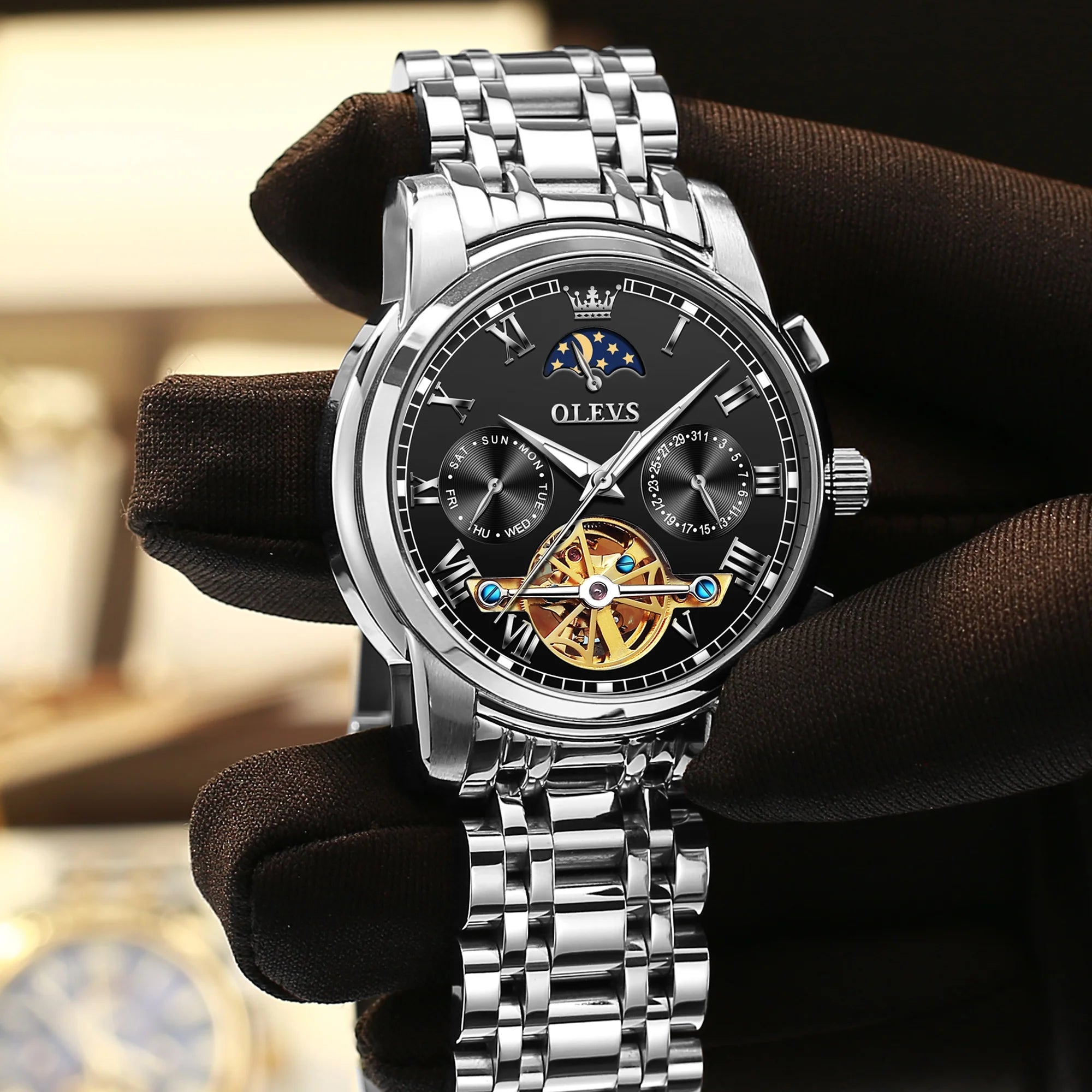 Automatic Watches for Mens Skeleton Mechanical Self Winding Luxury Dress Mens Stainless Steel Watches Moon Phase Waterproof Luminous Reloj Para Hombre, Gifts for Men, Male 6617D