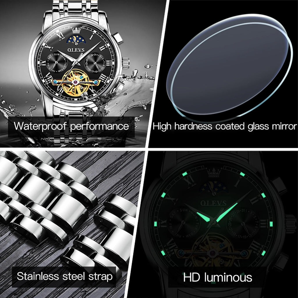 Automatic Watches for Mens Skeleton Mechanical Self Winding Luxury Dress Mens Stainless Steel Watches Moon Phase Waterproof Luminous Reloj Para Hombre, Gifts for Men, Male 6617D