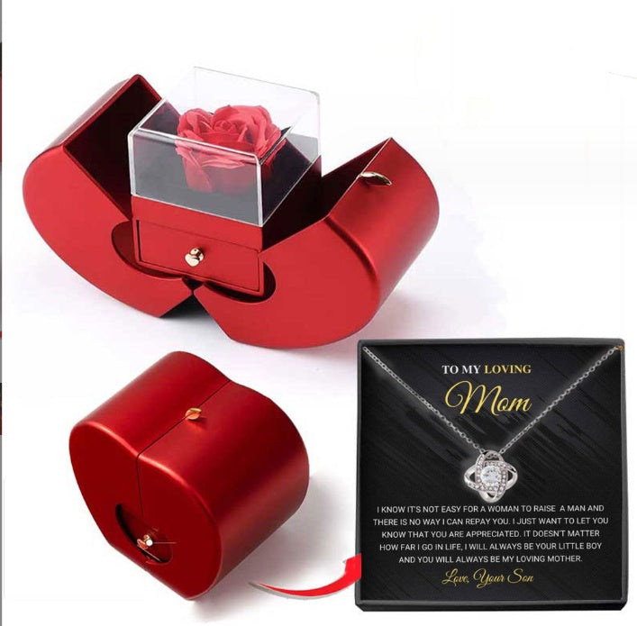 Fashion Jewelry Box Red Apple Women Gift Necklace Eternal Rose For Girl Mother's Day Valentine's Day Gifts With Artificial Flower Rose Flower Jewelry Box